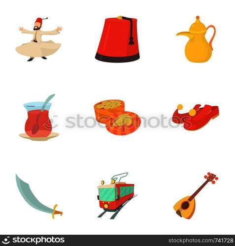 Turkey culture icons set. Cartoon set of 9 turkey culture vector icons for web isolated on white background. Turkey culture icons set, cartoon style