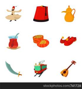 Turkey culture icons set. Cartoon set of 9 turkey culture vector icons for web isolated on white background. Turkey culture icons set, cartoon style
