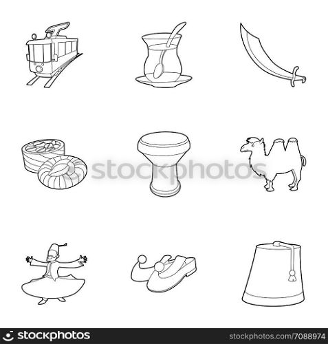 Turkey culture icons set. Outline set of 9 turkey culture vector icons for web isolated on white background. Turkey culture icons set, outline style