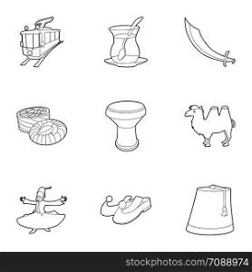 Turkey culture icons set. Outline set of 9 turkey culture vector icons for web isolated on white background. Turkey culture icons set, outline style