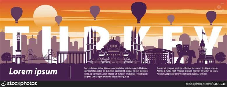 Turkey famous landmark silhouette style,text within,sunset time,balloon above,vector illustration