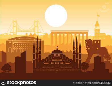 Turkey famous landmark silhouette style with row design on sunset time,vintage color,vector illustration