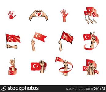 Turkey flag and hand on white background. Vector illustration.. Turkey flag and hand on white background. Vector illustration