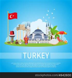 Turkey Flat Composition. Turkey flat design composition with mosque man and woman in ethnic clothes and historical landmarks icons vector illustration