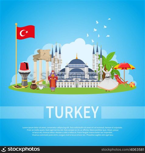 Turkey flat design composition with mosque man and woman in ethnic clothes and historical landmarks icons vector illustration. Turkey Flat Composition
