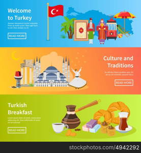 Turkey Flat Horizontal Banners. Turkey flat horizontal banners set of traditional cultural values and turkish breakfast icons compositions flat vector illustration