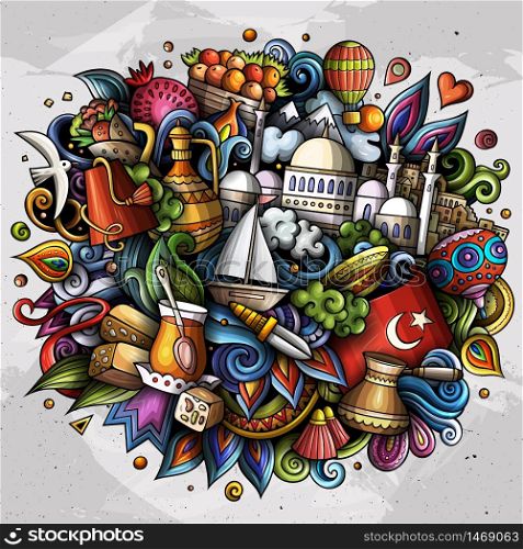 Turkey hand drawn cartoon doodles illustration. Funny travel design. Creative art vector background. Turkish symbols, elements and objects. Colorful composition. Turkey hand drawn cartoon doodles illustration. Funny travel design.