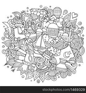 Turkey hand drawn cartoon doodles illustration. Funny travel design. Creative art vector background. Turkish symbols, elements and objects. Turkey hand drawn cartoon doodles illustration. Funny travel design.