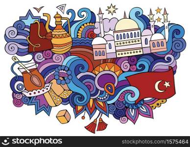 Turkey hand drawn cartoon doodles illustration. Funny travel design. Creative art vector background. Turkish symbols, elements and objects. Colorful composition. Turkey hand drawn cartoon doodles illustration. Funny travel design