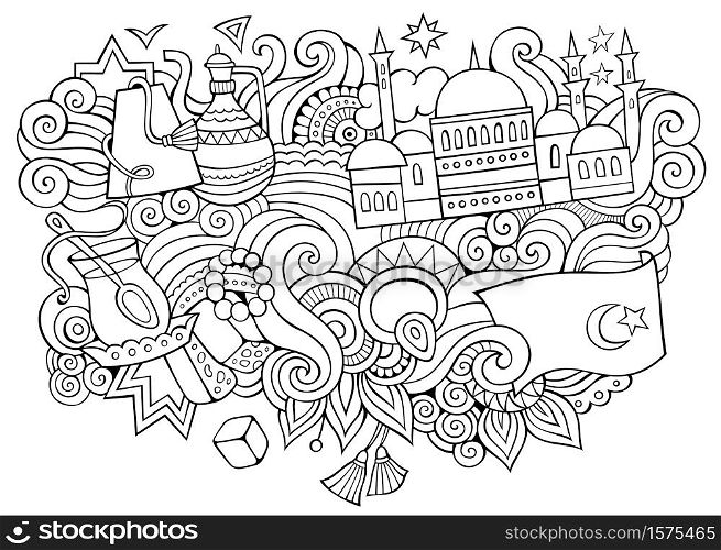 Turkey hand drawn cartoon doodles illustration. Funny travel design. Creative art vector background. Turkish symbols, elements and objects. Sketchy composition. Turkey hand drawn cartoon doodles illustration. Funny travel design