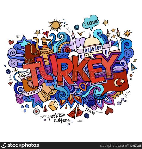 Turkey hand lettering and doodles elements background. Vector illustration