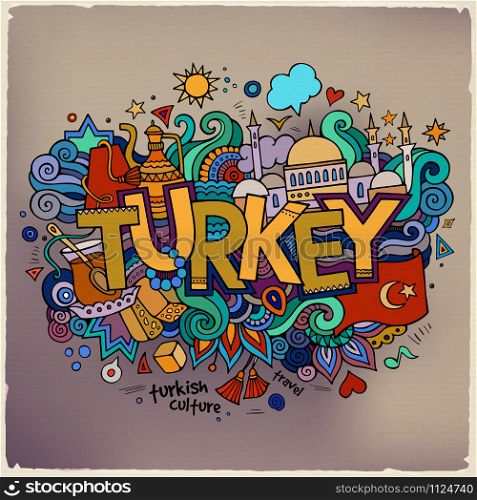 Turkey hand lettering and doodles elements background. Vector illustration