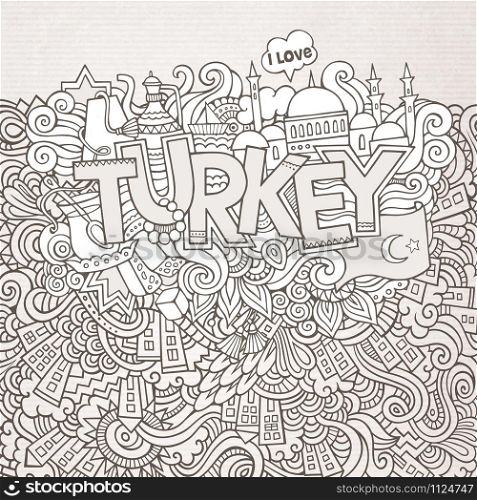 Turkey hand lettering and doodles elements background. Vector illustration. Turkey hand lettering and doodles elements background.
