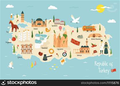 Turkey illustrated map with famous landmarks, symbols. For prints, tourist posters, travel guides, festivals. Turkey illustrated map with famous landmarks icons