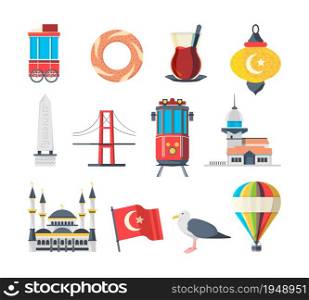 Turkey landmarks. Travellers set of istanbul cultural objects and muslim buildings national mosque vector pictures collection. Illustration istanbul landmark, turkey culture travel. Turkey landmarks. Travellers set of istanbul cultural objects and muslim buildings national mosque vector pictures collection