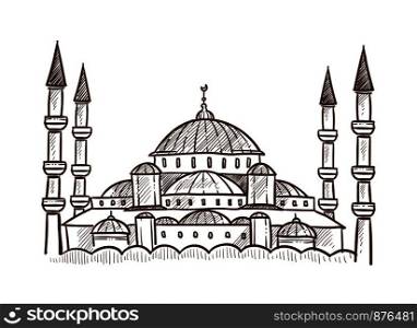 Turkey mosque architecture monochrome sketch outline. Cultural and historical heritage of eastern asian country. Place for believers to pray and worship God, isolated on white vector illustration. Turkey mosque architecture monochrome sketch outline vector illustration