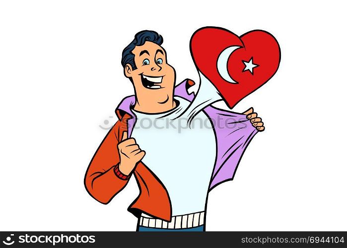 Turkey patriot male sports fan flag heart. isolated on white background. Comic book cartoon pop art retro illustration. Turkey patriot isolated on white background