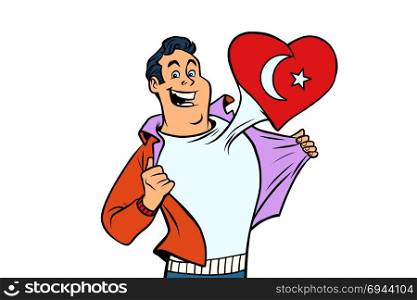 Turkey patriot male sports fan flag heart. isolated on white background. Comic book cartoon pop art retro illustration. Turkey patriot isolated on white background