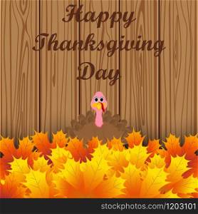 Turkey peeking out from autumn leaves and wishes everyone a happy Thanksgiving. Postcard on Thanksgiving Day, vector illustration.. Turkey peeking out from autumn leaves