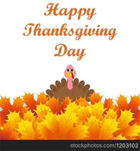 Turkey peeking out from autumn leaves and wishes everyone a happy Thanksgiving. Postcard on Thanksgiving Day, vector illustration.. Turkey peeking out from autumn leaves