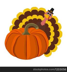 Turkey Pilgrimin on Thanksgiving Day vector illustration. Funny peligrimm with a pumpkin for Thanksgiving
