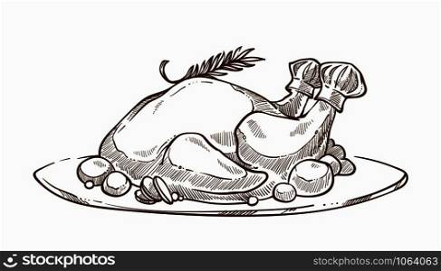 Turkey served on plate with twig of rosemary isolated icon vector traditional meal on thanksgiving and new year christmas holiday in winter season meat of poultry with fruits monochrome sketch. Turkey served on plate with twig of rosemary
