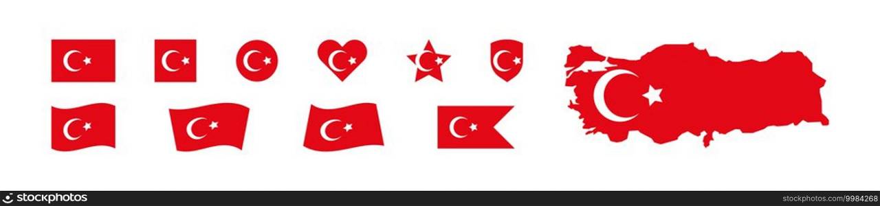 Turkey set flag ang map. Republic of Turkey country icon and button. White color background. Vector flat illustration