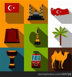 Turkey things icon set. Flat style set of 9 Turkey things vector icons for web design. Turkey things icon set, flat style