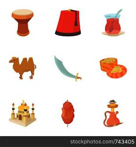 Turkey things icons set. Cartoon set of 9 turkey things vector icons for web isolated on white background. Turkey things icons set, cartoon style