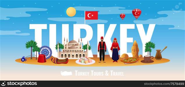 Turkey tourism concept with tours and travel symbols flat vector illustration