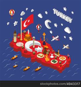 Turkey Touristic Attractions Isometric Map Poster. Turkish touristic attractions red isometric map poster with landmarks traditional food cultural and religious symbols vector illustration