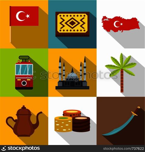 Turkey travel icon set. Flat style set of 9 Turkey travel vector icons for web design. Turkey travel icon set, flat style