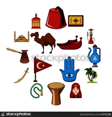 Turkey travel icons set. Cartoon illustration of 16 Turkey travel vector icons for web. Turkey travel icons set, cartoon style