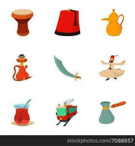 Turkey travel icons set. Cartoon set of 9 turkey travel vector icons for web isolated on white background. Turkey travel icons set, cartoon style