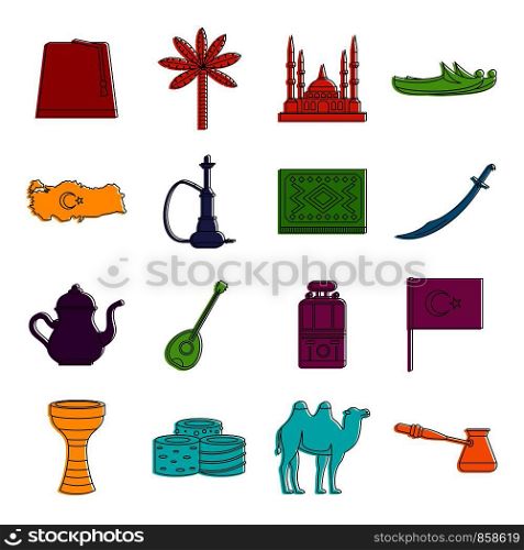 Turkey travel icons set. Doodle illustration of vector icons isolated on white background for any web design. Turkey travel icons doodle set