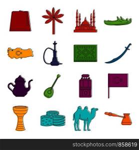 Turkey travel icons set. Doodle illustration of vector icons isolated on white background for any web design. Turkey travel icons doodle set