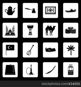 Turkey travel icons set in white squares on black background simple style vector illustration. Turkey travel icons set squares vector