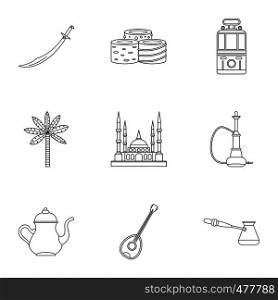 Turkey travel icons set. Outline set of 9 Turkey travel vector icons for web isolated on white background. Turkey travel icons set, outline style
