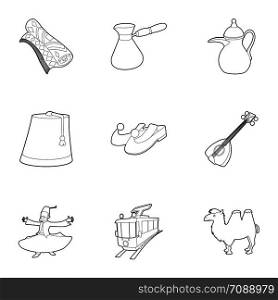 Turkey travel icons set. Outline set of 9 turkey travel vector icons for web isolated on white background. Turkey travel icons set, outline style