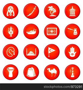 Turkey travel icons set vector red circle isolated on white background . Turkey travel icons set red vector