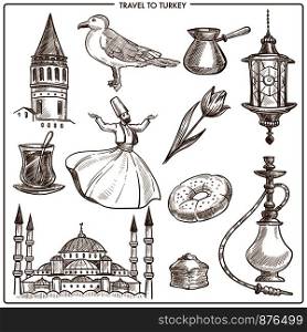Turkey travel landmarks and tourism symbols. Vector sketch icons of Turkish mosque, Istanbul seagull and hookah shisha or coffee cezve, doner kebab or baklava pastry and dervish dancer. Turkey travel symbols and vector sketch landmarks