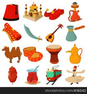 Turkey travel symbols icons set. Cartoon illustration of 16 Turkey travel symbols vector icons for web. Turkey travel symbols icons set, cartoon style