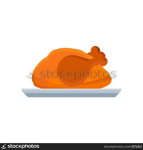 Turkey vector flat icon illustration thanksgiving day on dish isolated. Meal natural bird hat pilgrim fowl, brown, holiday symbol chicken. Graphic farm design color art silhouette food cartoon harvest