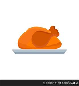 Turkey vector flat icon illustration thanksgiving day on dish isolated. Meal natural bird hat pilgrim fowl, brown, holiday symbol chicken. Graphic farm design color art silhouette food cartoon harvest