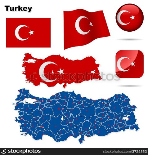 Turkey vector set. Detailed country shape with region borders, flags and icons isolated on white background.