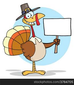 Turkey With Pilgrim Hat Holding A Blank Sign