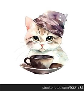 Turkish Cat with coffee cup. Muslim cat with turban. Watercolor Vector illustration for coffee houses. Isolated on white background. Can be used for menu, logo or flyer, greeting card, design t-shirt, print or poster.