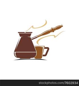 Turkish coffee isolated steaming turk pot and cup. Vector flavored vapor from hot refreshing drink. Turk with coffee and steaming cup