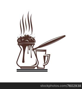 Turkish coffee isolated steaming turk pot and cup. Vector flavored vapor from hot refreshing drink. Turk with coffee and steaming cup