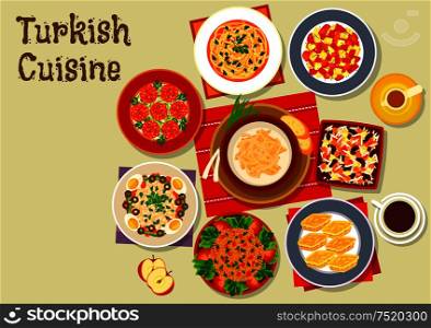 Turkish cuisine festive dinner icon of meatball kofta served with chicken and tripe soups, bean salad, bulgur with vegetables, tomato salad, baklava, cereal and bean dessert ashura and coffee. Turkish cuisine dishes for festive dinner icon